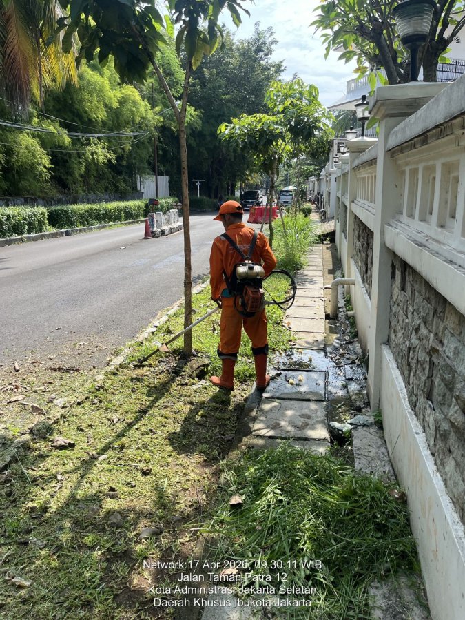 Jaga Estetika Lingkungan, Petugas PPSU Rapikan Rumput di Jl. Taman Patra Kuningan Timur